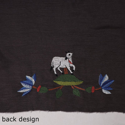 Black - Bengal Kantha Embroidery Raw Silk Blouse Piece