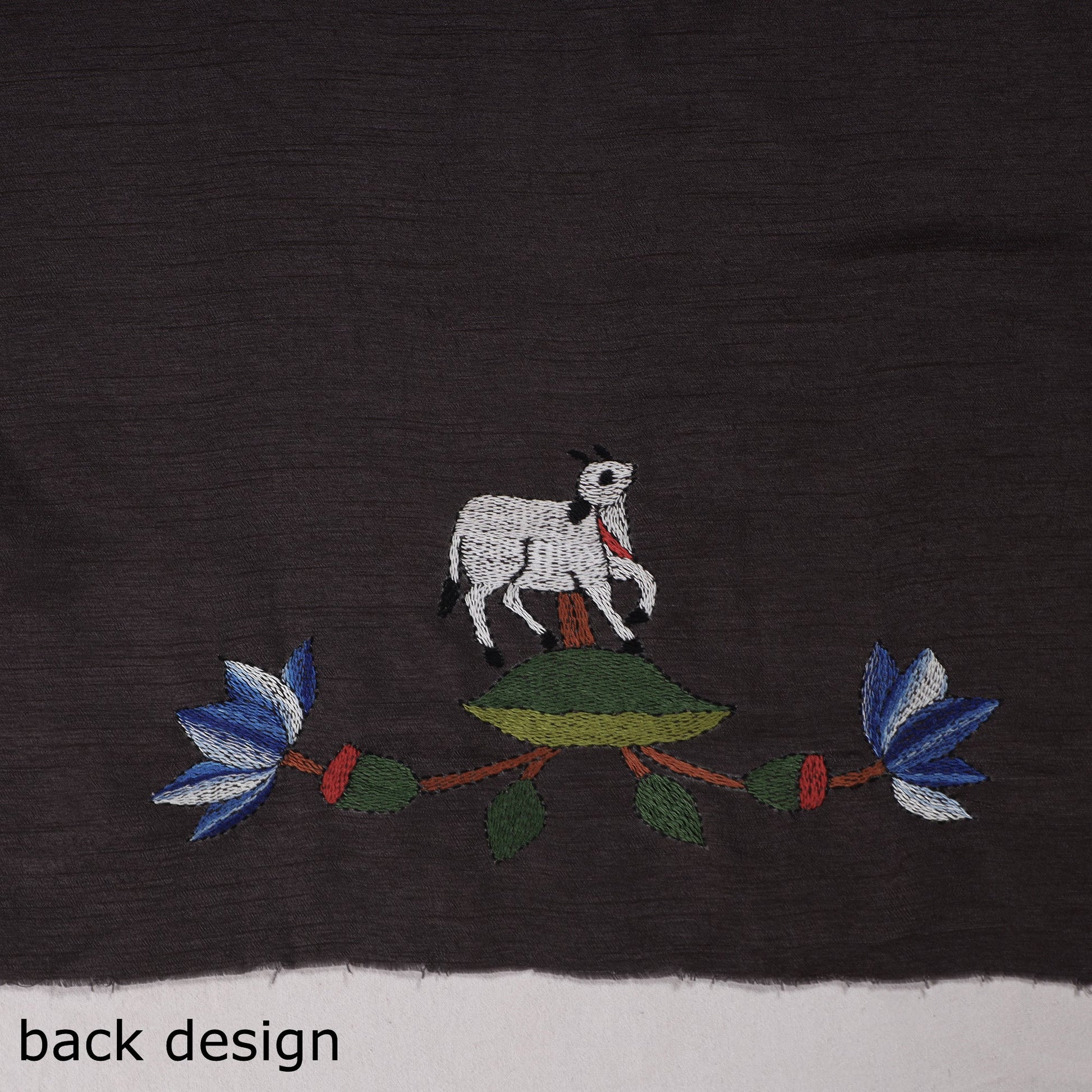 Black - Bengal Kantha Embroidery Raw Silk Blouse Piece