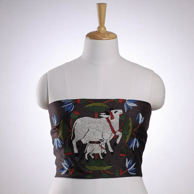 Black - Bengal Kantha Embroidery Raw Silk Blouse Piece