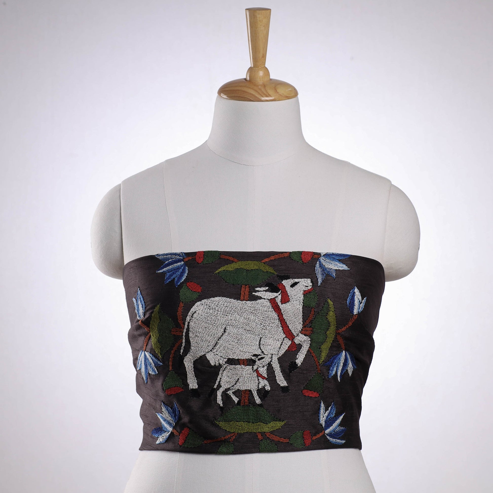 Black - Bengal Kantha Embroidery Raw Silk Blouse Piece