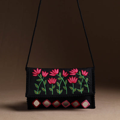 Black - Aari Hand Embroidery Mirror Work Cotton Sling Bag 08