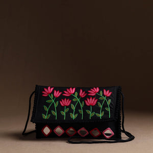 Black - Aari Hand Embroidery Mirror Work Cotton Sling Bag 08