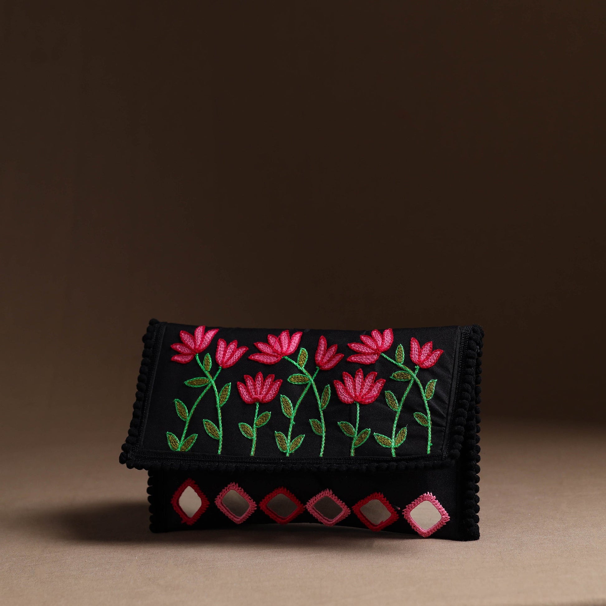 Black - Aari Hand Embroidery Mirror Work Cotton Sling Bag 08