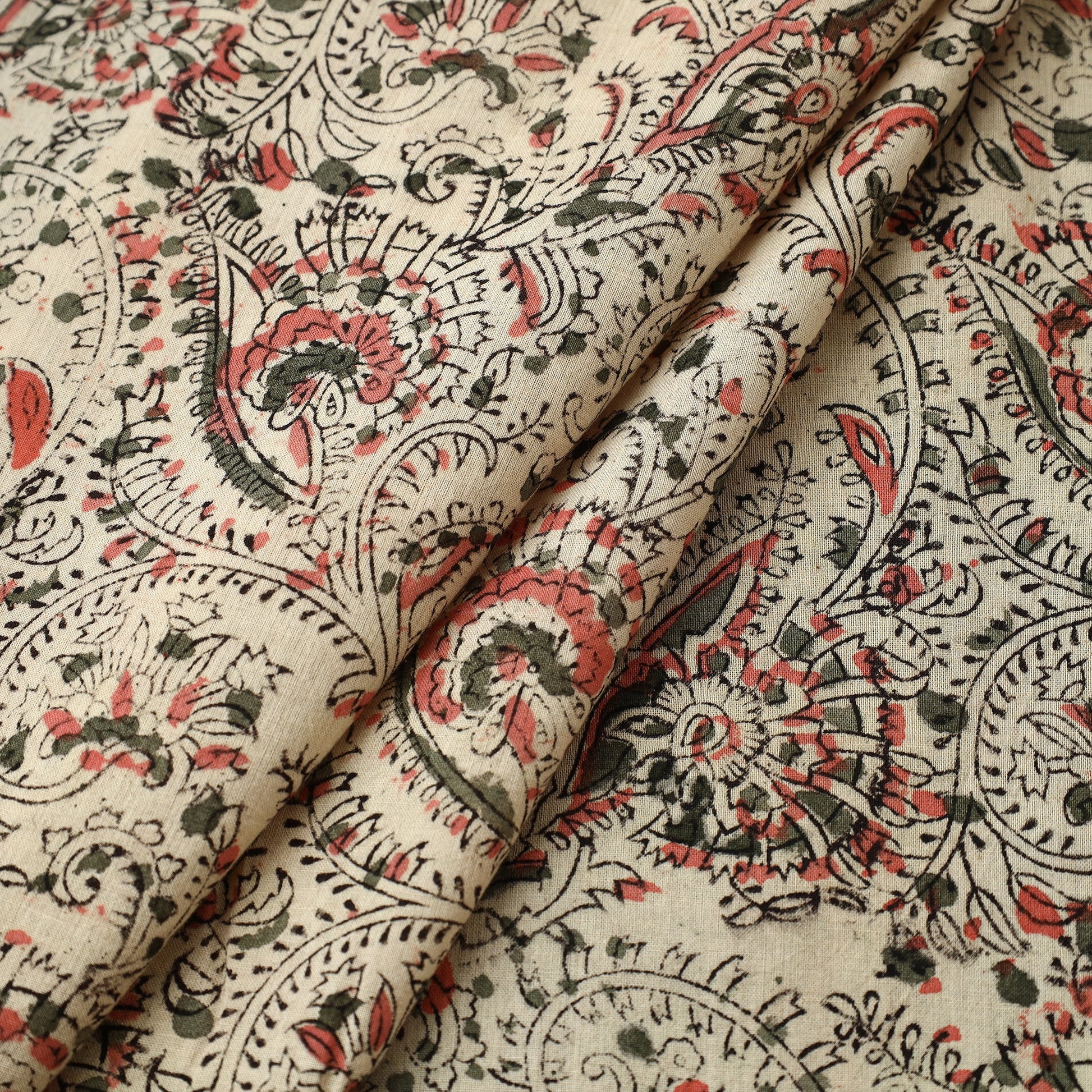 Beige - Pedana Kalamkari Block Printed Cotton Fabric 05