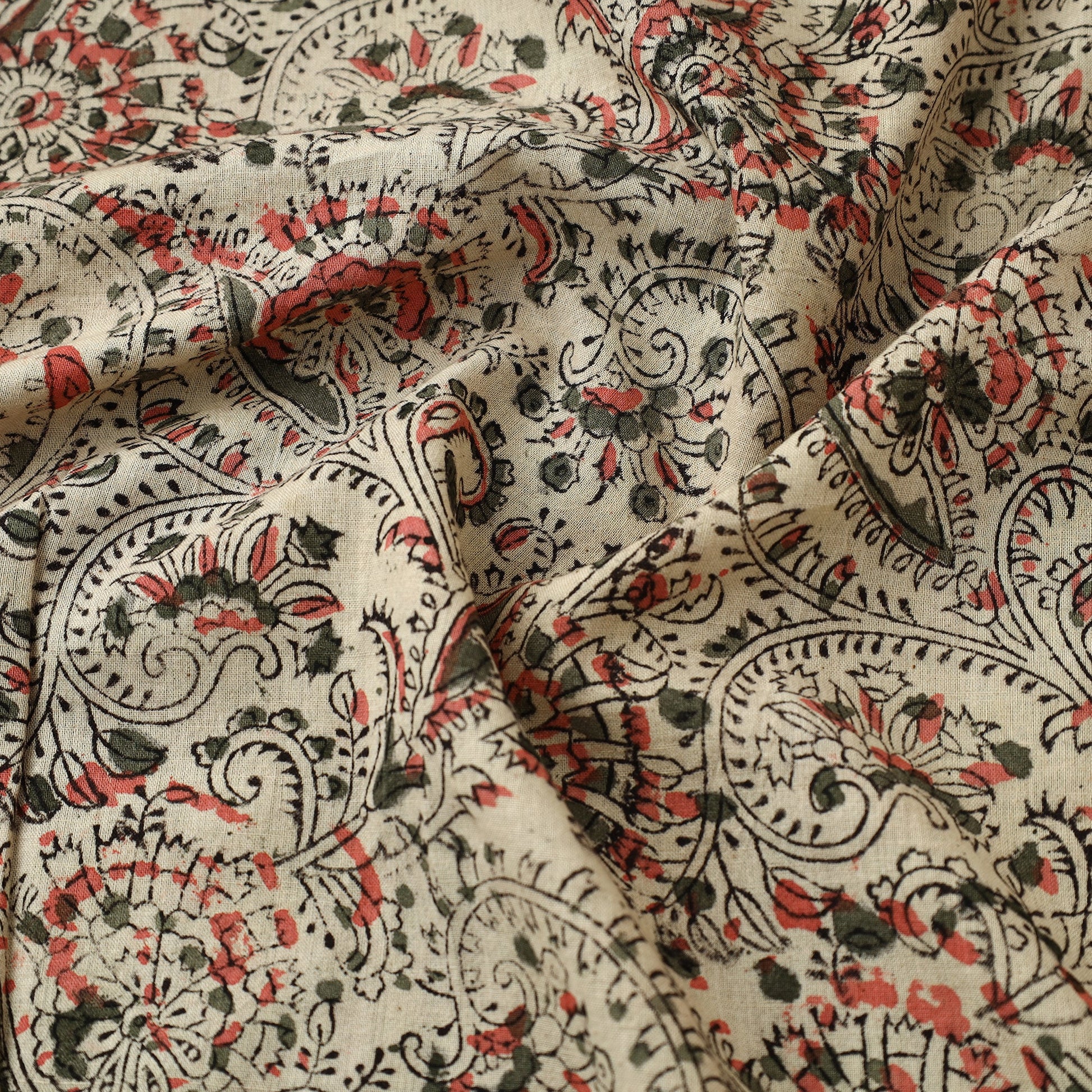 Beige - Pedana Kalamkari Block Printed Cotton Fabric 05