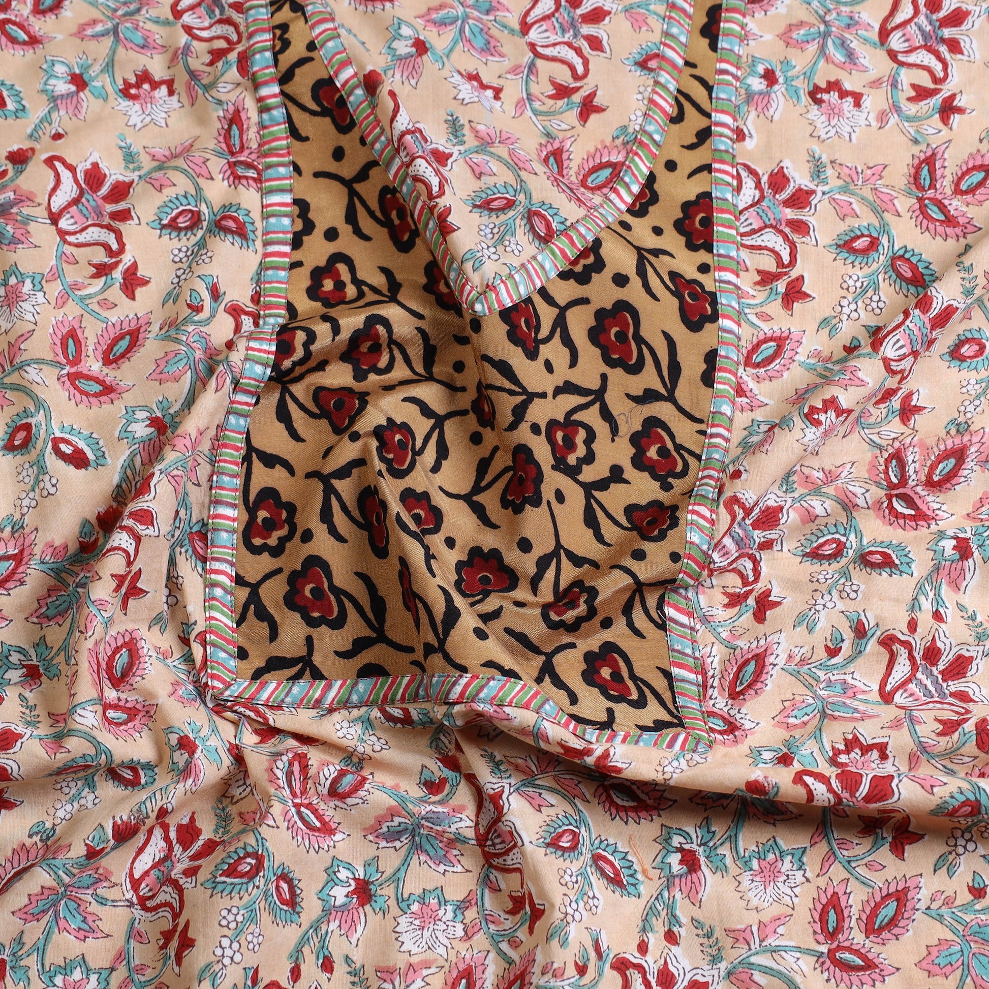 Beige - Sanganeri Block Print Patchwork Kurta Material (3m) 16