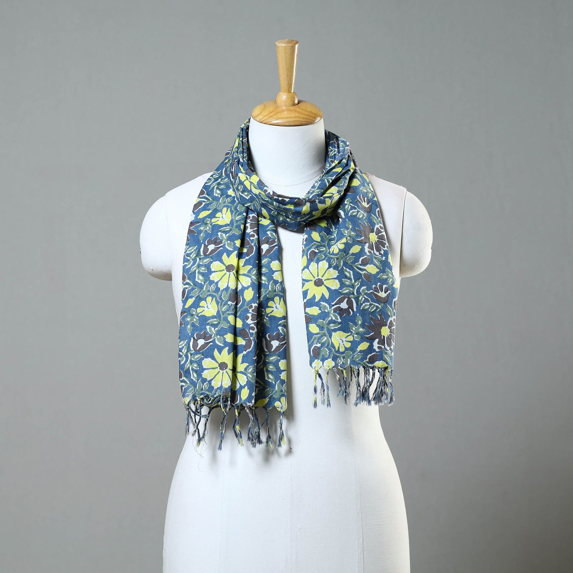 Blue - Block Printed Cotton Sanganeri Stole 32
