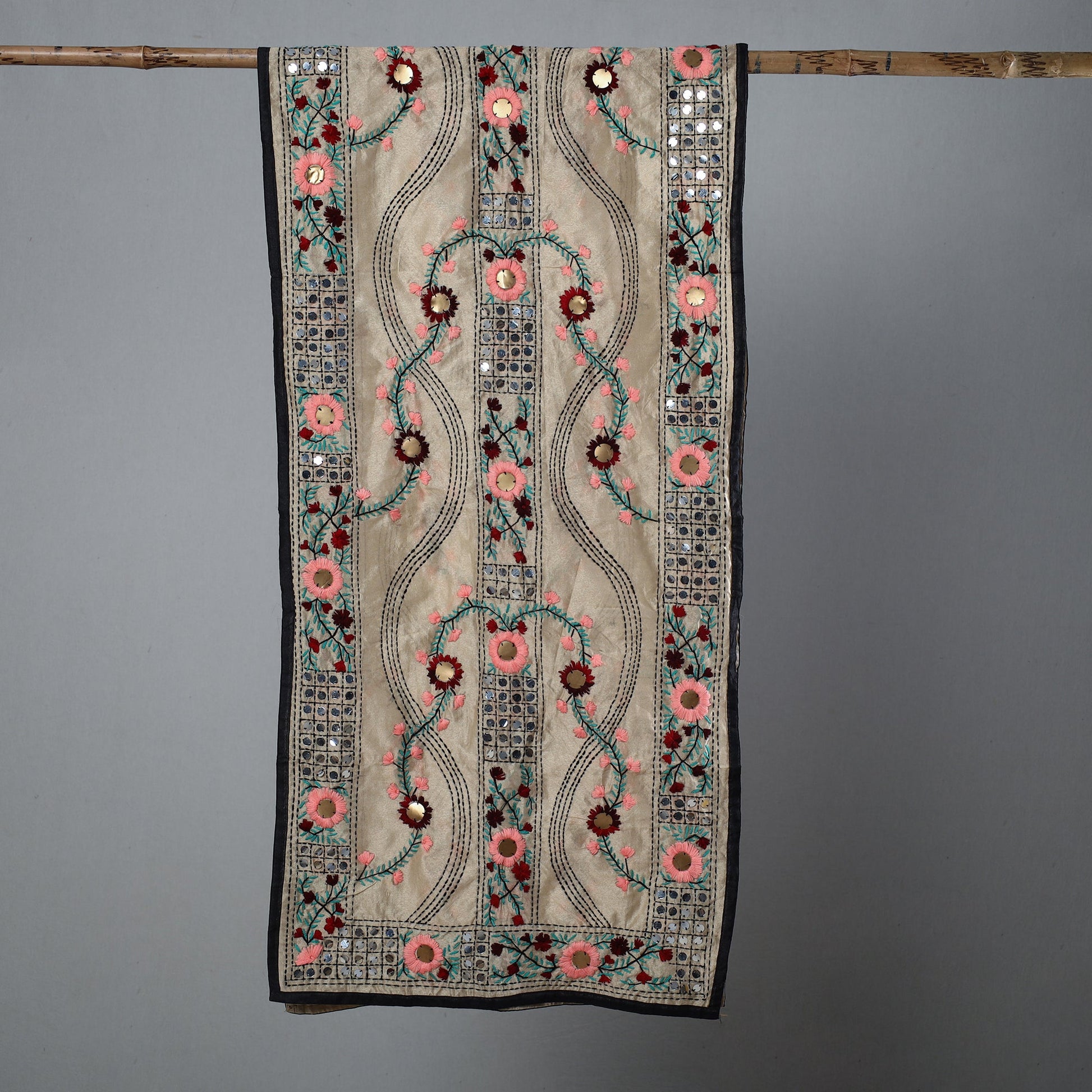 Black - Ranihati Chapa Work Phulkari Embroidery Chanderi Silk Stole 32