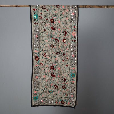 Black - Ranihati Chapa Work Phulkari Embroidery Chanderi Silk Stole 36