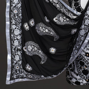 Black - 3pc Hand Embroidery Georgette Phulkari Dress Material 04
