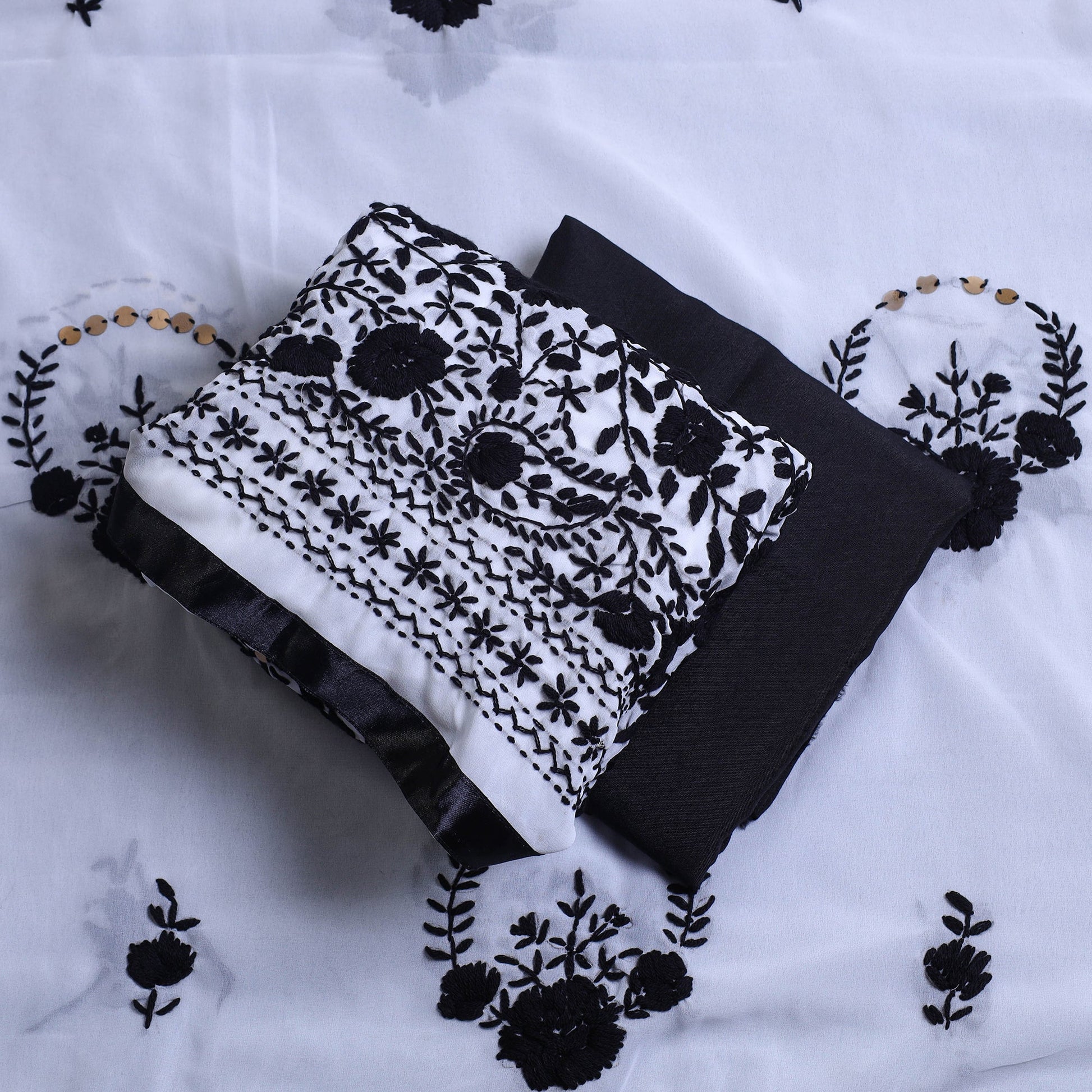 Black - 3pc Hand Embroidery Georgette Phulkari Dress Material 02