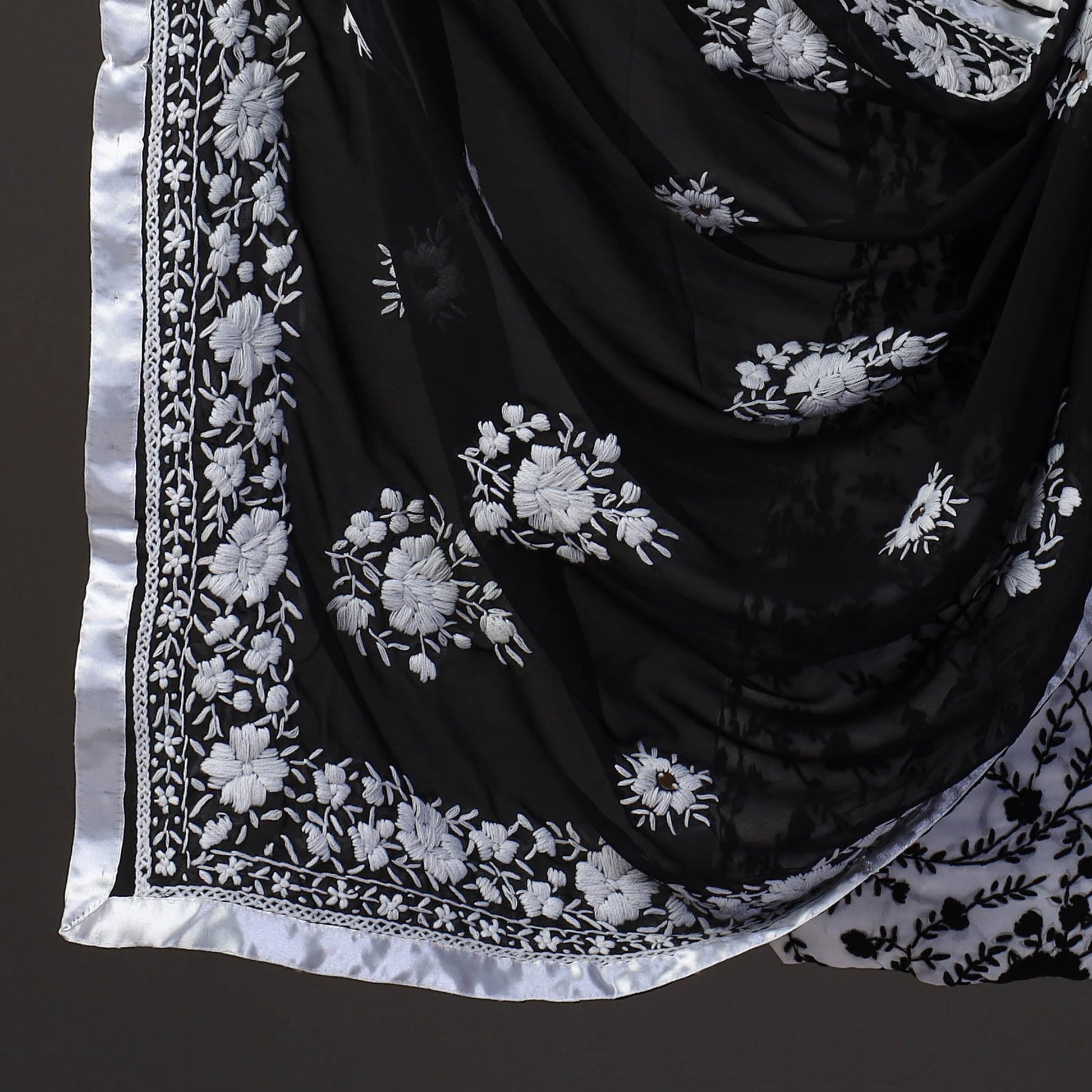 Black - 3pc Hand Embroidery Georgette Phulkari Dress Material 10