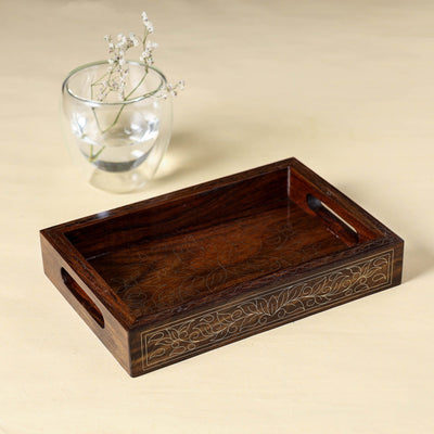 Brown - Hand Carved Tarkashi Inlay Rosewood Tray (8 x 5 in)