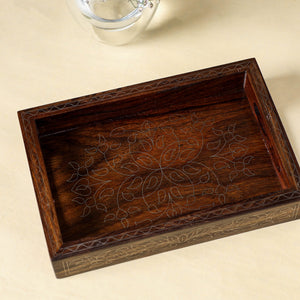 Brown - Hand Carved Tarkashi Inlay Rosewood Tray (8 x 5 in)