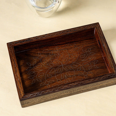 Brown - Hand Carved Tarkashi Inlay Rosewood Tray (8 x 5 in)
