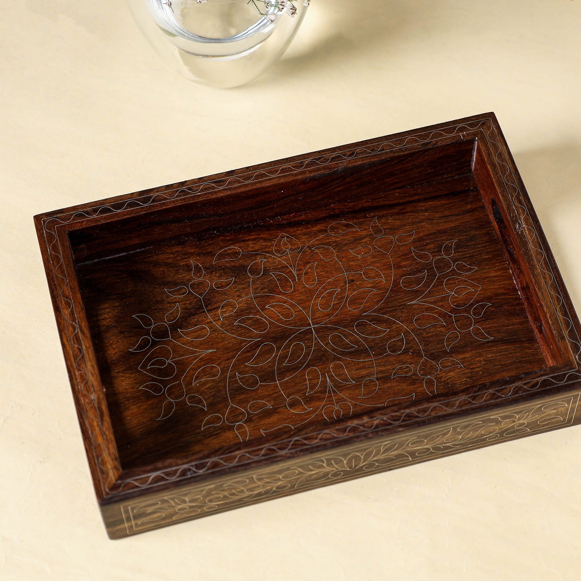 Brown - Hand Carved Tarkashi Inlay Rosewood Tray (8 x 5 in)
