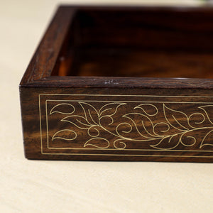 Brown - Hand Carved Tarkashi Inlay Rosewood Tray (8 x 5 in)