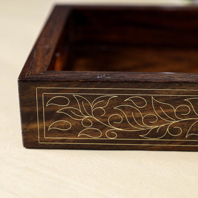 Brown - Hand Carved Tarkashi Inlay Rosewood Tray (8 x 5 in)