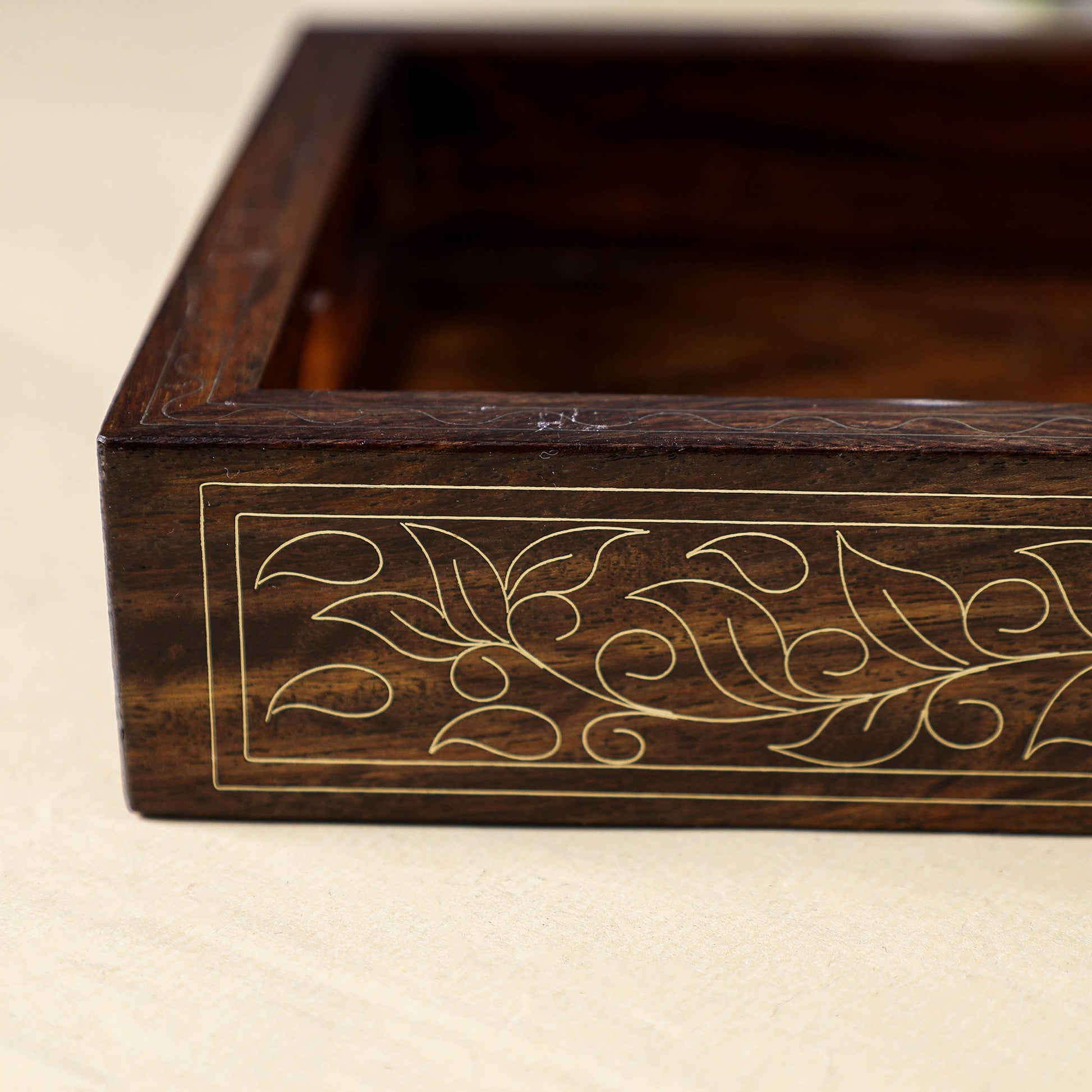 Brown - Hand Carved Tarkashi Inlay Rosewood Tray (8 x 5 in)