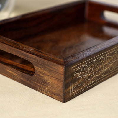 Brown - Hand Carved Tarkashi Inlay Rosewood Tray (8 x 5 in)