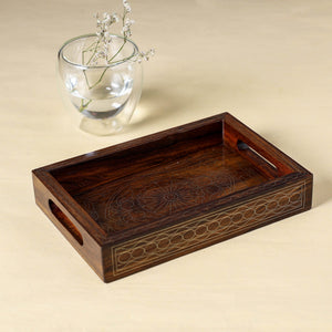 Brown - Hand Carved Tarkashi Inlay Rosewood Tray (8 x 5 in)