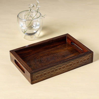 Brown - Hand Carved Tarkashi Inlay Rosewood Tray (8 x 5 in)