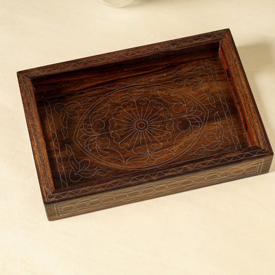 Brown - Hand Carved Tarkashi Inlay Rosewood Tray (8 x 5 in)