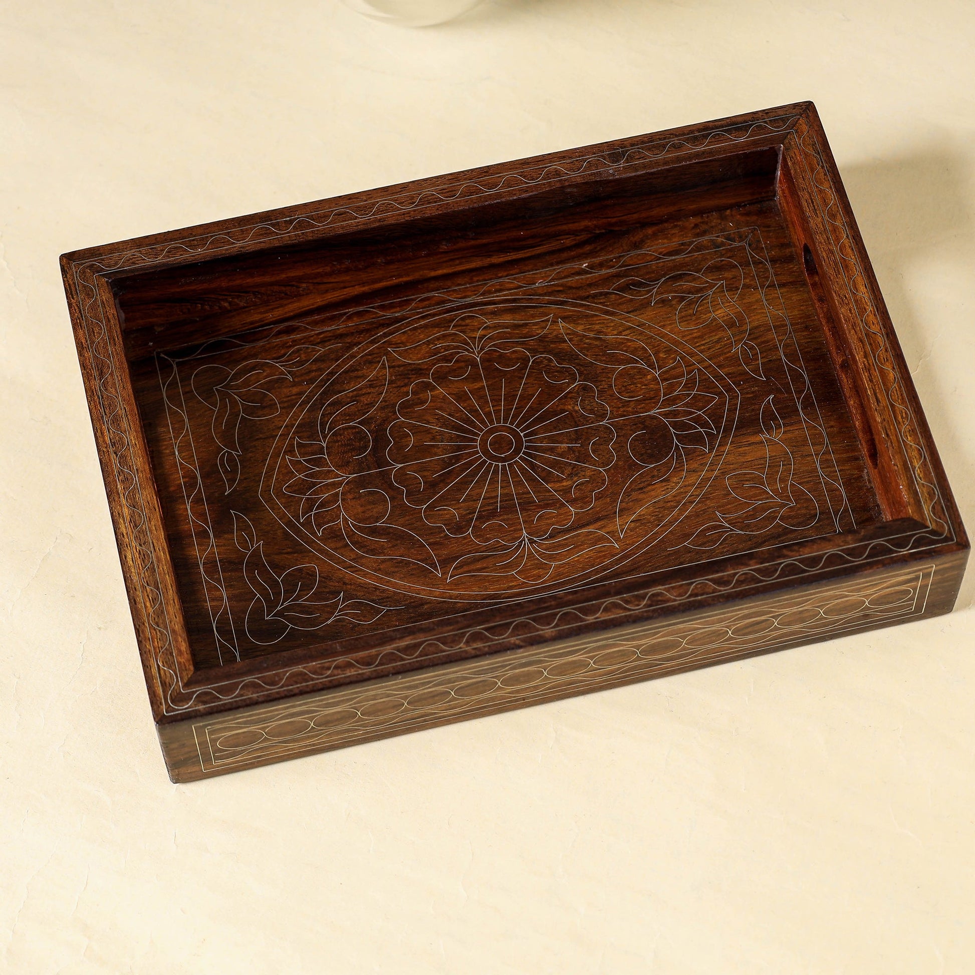 Brown - Hand Carved Tarkashi Inlay Rosewood Tray (8 x 5 in)