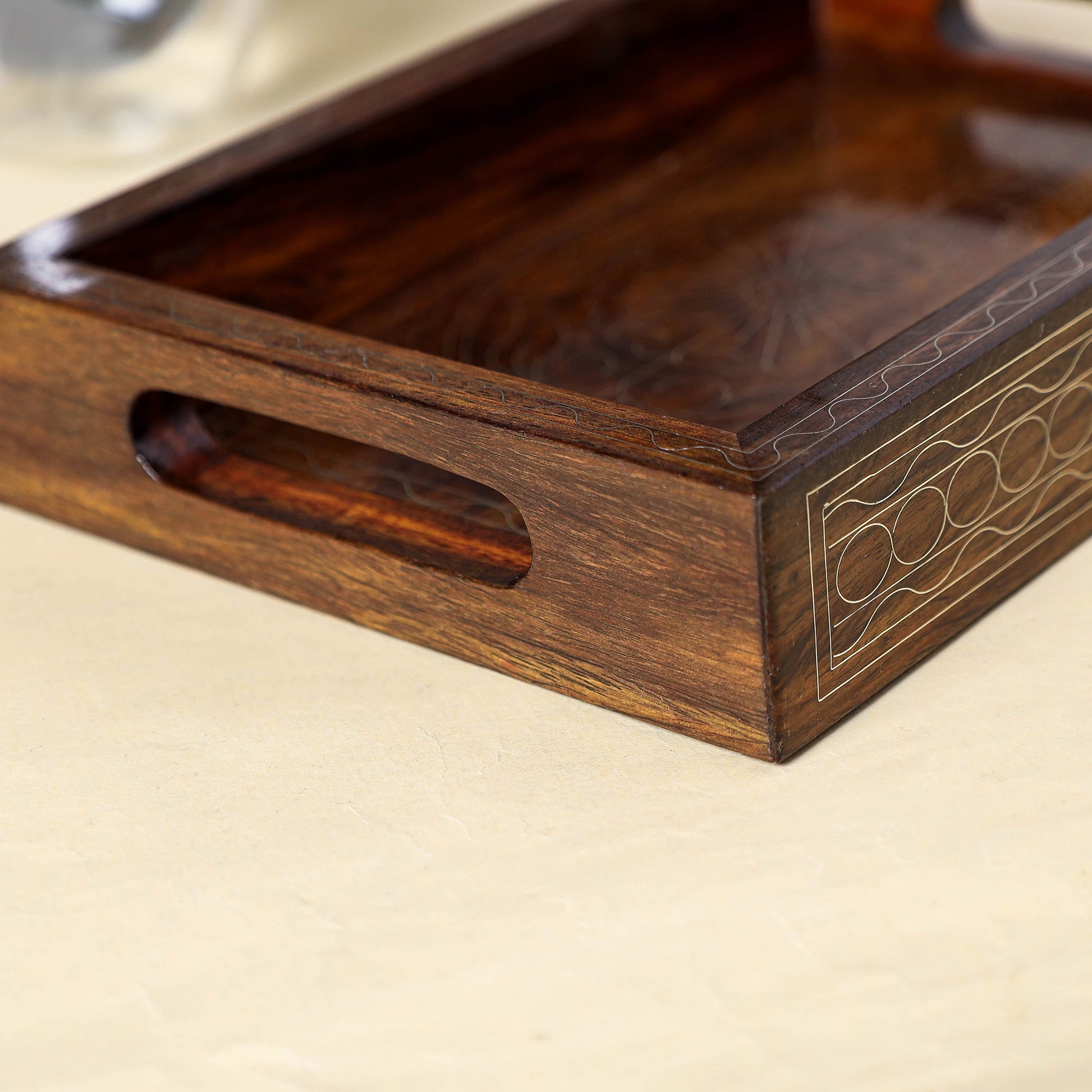 Brown - Hand Carved Tarkashi Inlay Rosewood Tray (8 x 5 in)