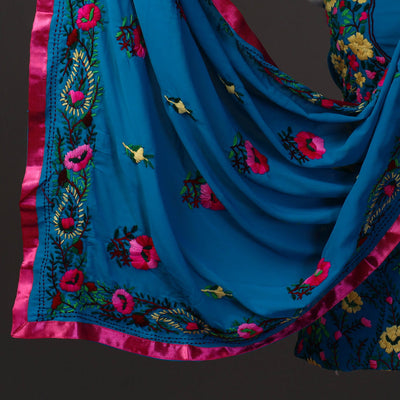 Blue - 3pc Hand Embroidery Georgette Phulkari Dress Material 35