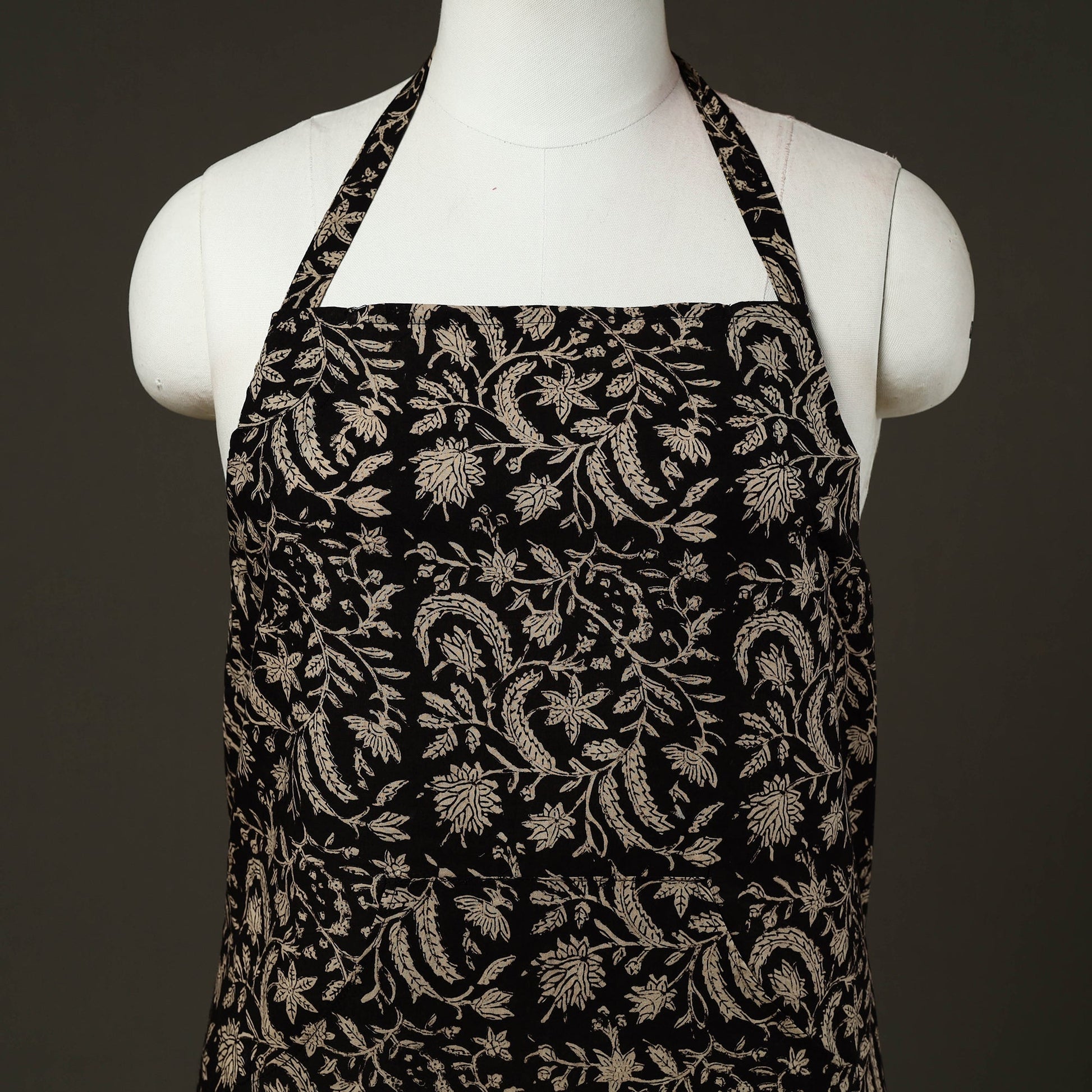 Black - Bagru Block Print Cotton Apron with Pocket 08