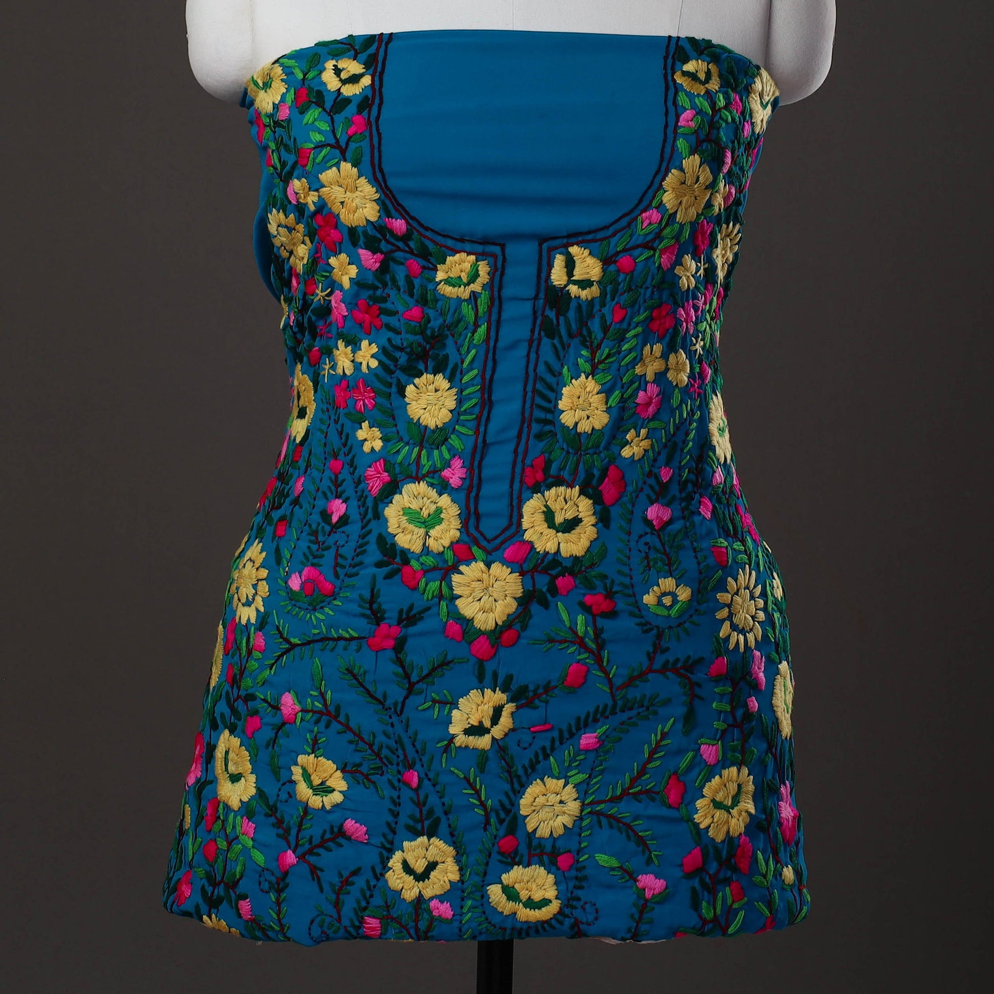 Blue - 3pc Hand Embroidery Georgette Phulkari Dress Material 35