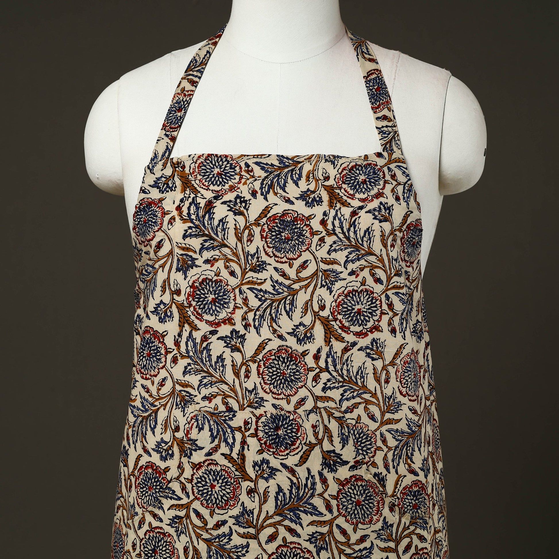 Beige - Bagru Block Print Cotton Apron with Pocket 16