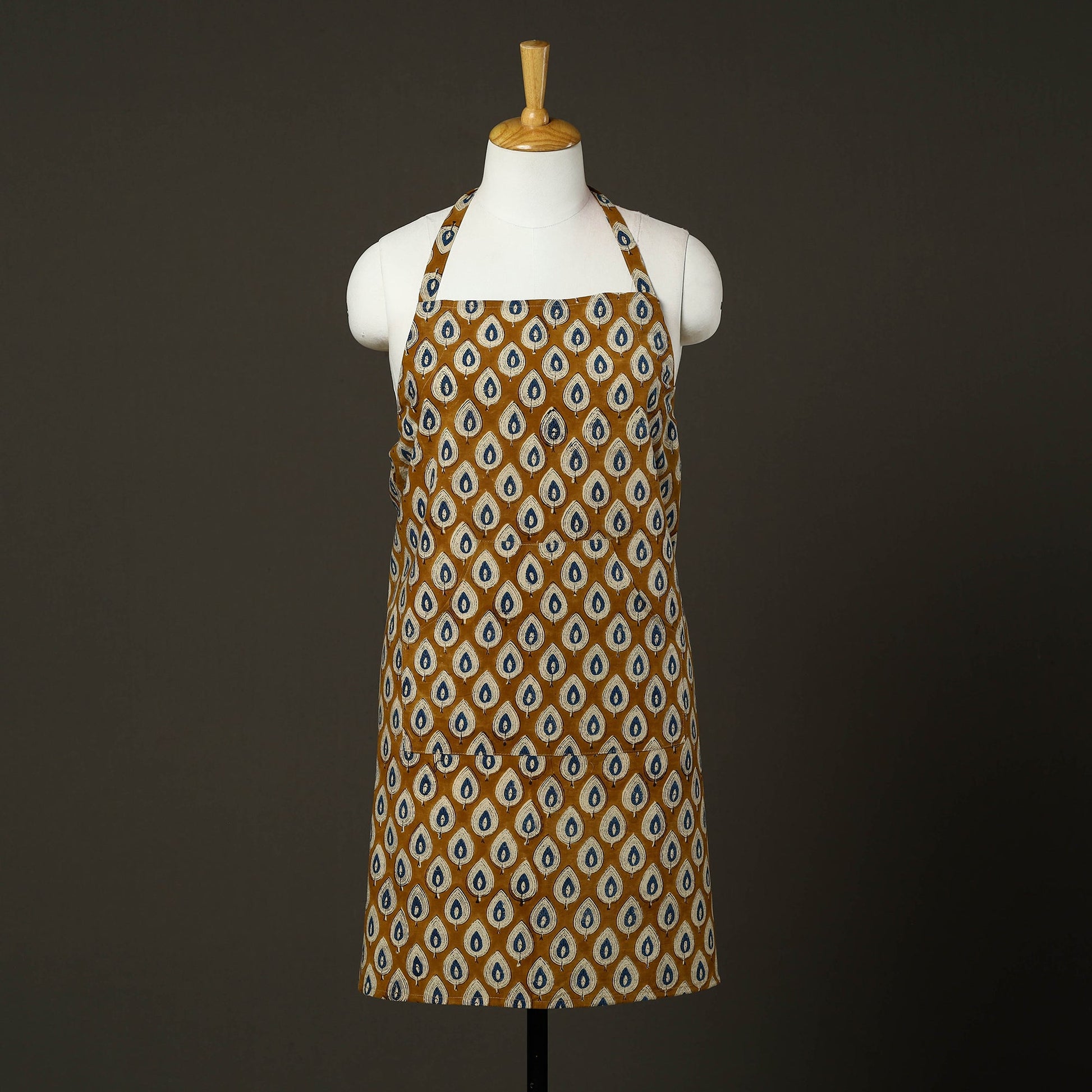 Brown - Bagru Block Print Cotton Apron with Pocket 28