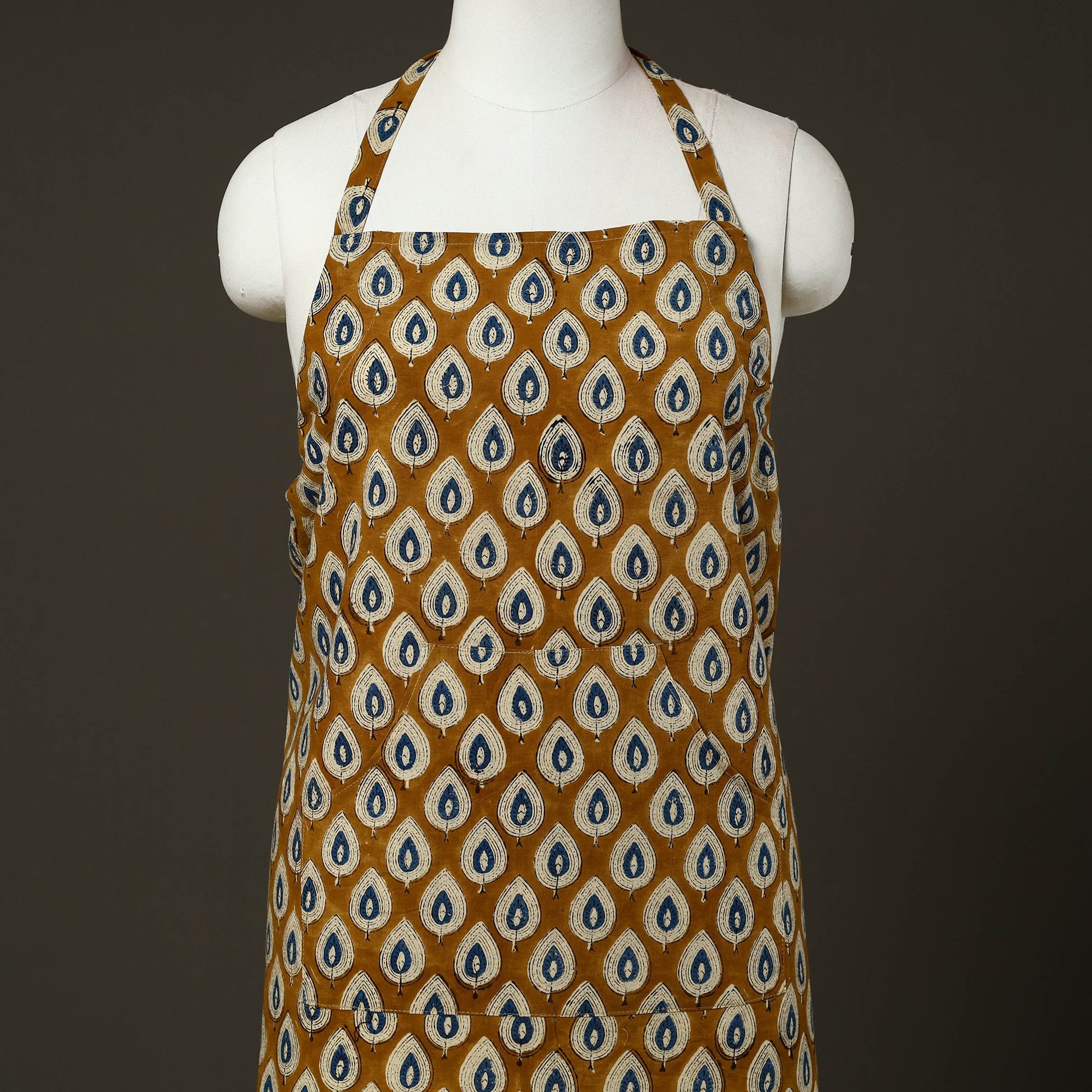 Brown - Bagru Block Print Cotton Apron with Pocket 28