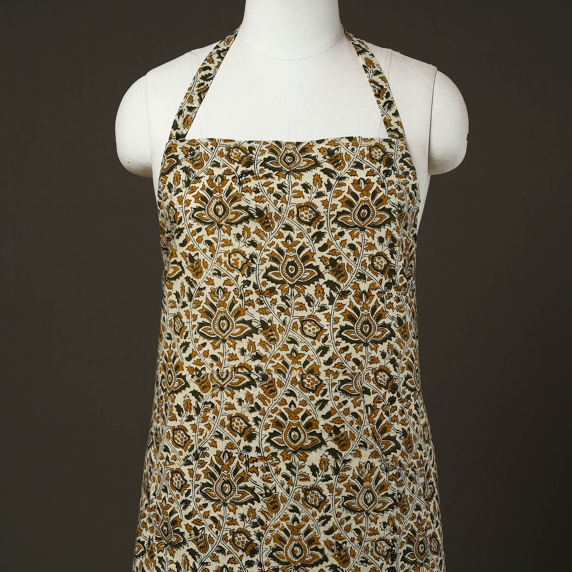 Beige - Bagru Block Print Cotton Apron with Pocket 30