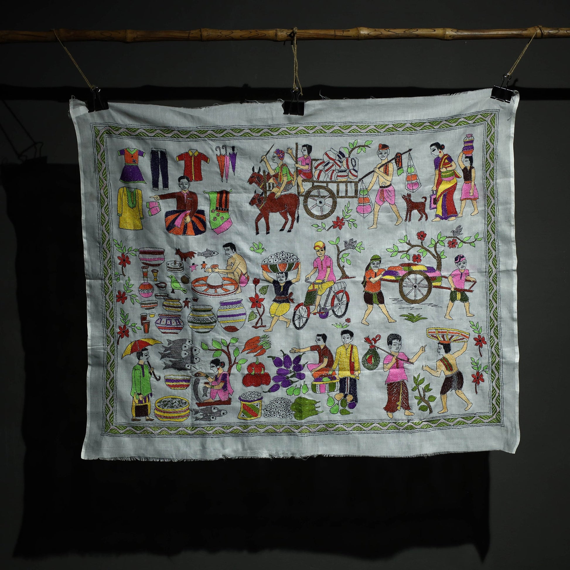 Bengal Kantha Hand Embroidery Cotton Wall Hanging (45 x 37 in)