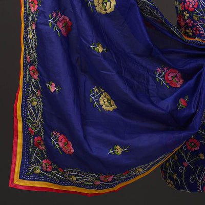 Blue - 3pc Hand Embroidery Chanderi Silk Phulkari Dress Material 52