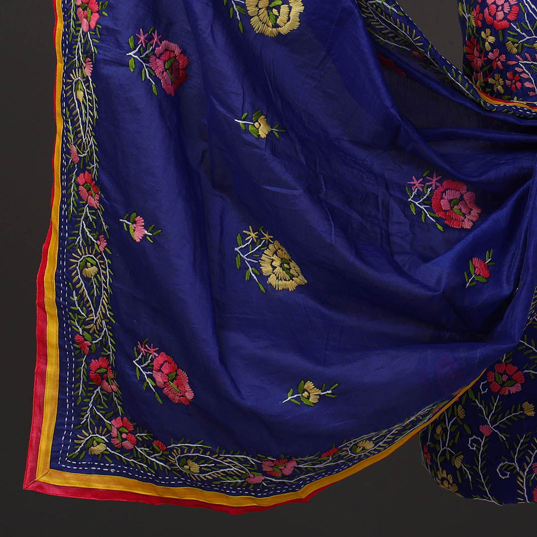 Blue - 3pc Hand Embroidery Chanderi Silk Phulkari Dress Material 52