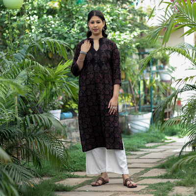 Black - Block Print Cotton Straight Bagh Kurta