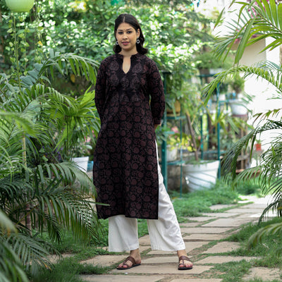 Black - Block Print Cotton Straight Bagh Kurta