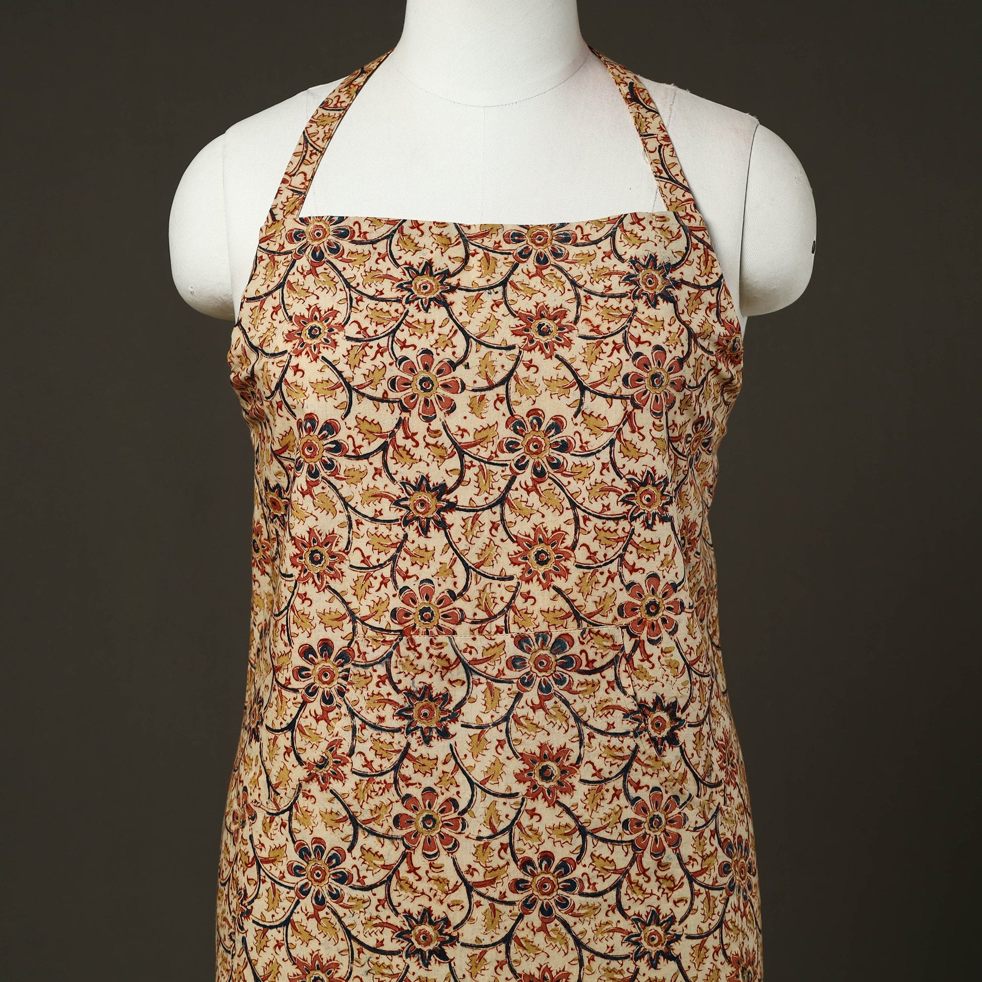 Beige - Kalamkari Block Print Cotton Apron with Pocket 47