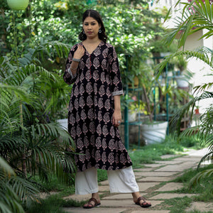 Black -  Block Print Cotton A-Line Bagh Kurta