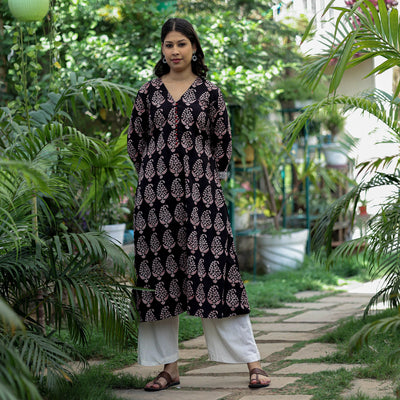 Black -  Block Print Cotton A-Line Bagh Kurta