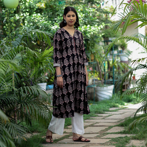 Black -  Block Print Cotton A-Line Bagh Kurta