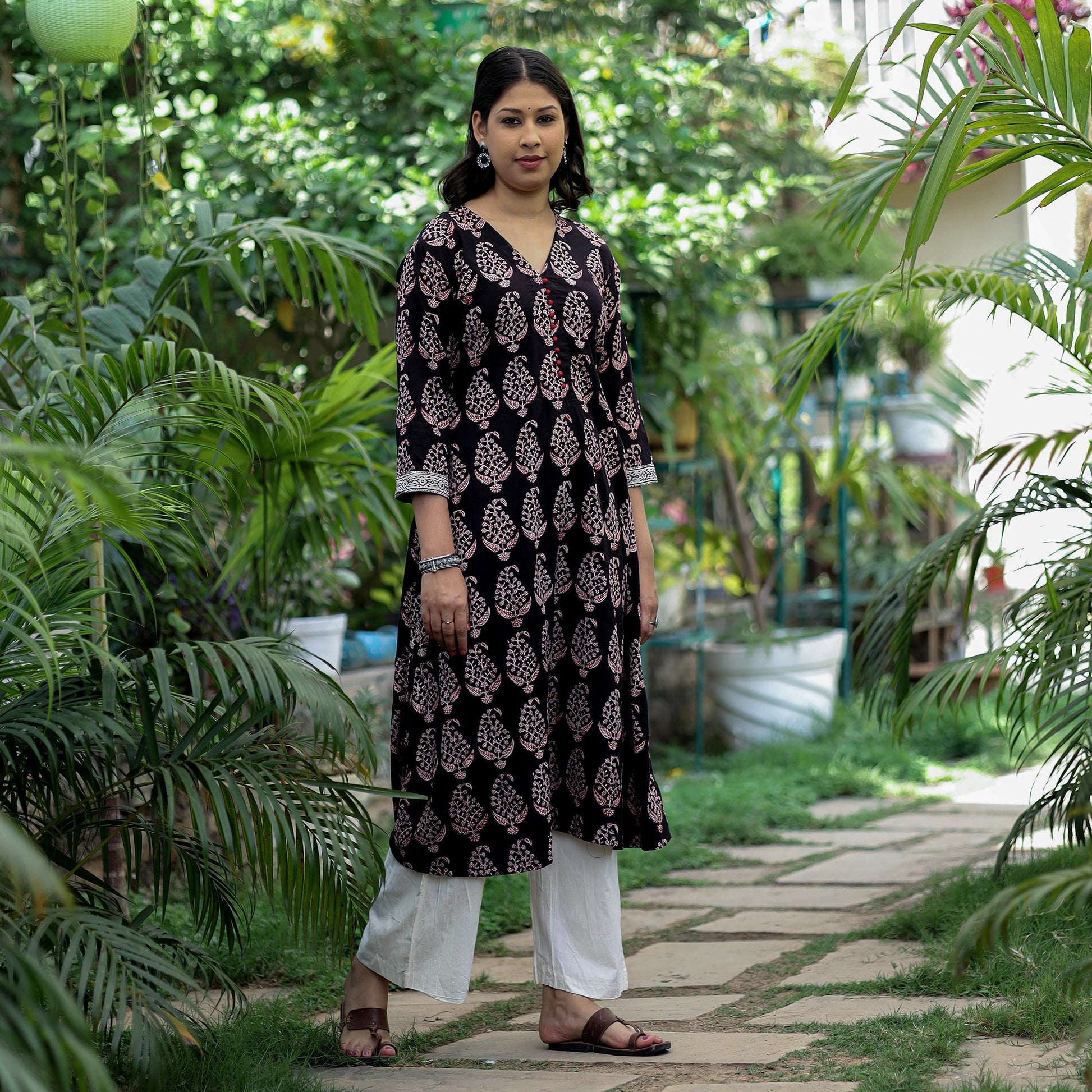 Black -  Block Print Cotton A-Line Bagh Kurta