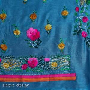 Blue - 3pc Hand Embroidery Chanderi Silk Phulkari Dress Material 57