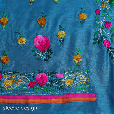 Blue - 3pc Hand Embroidery Chanderi Silk Phulkari Dress Material 57