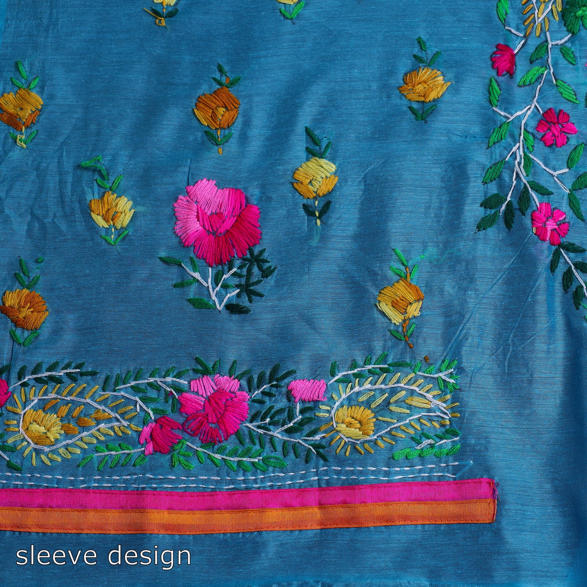 Blue - 3pc Hand Embroidery Chanderi Silk Phulkari Dress Material 57