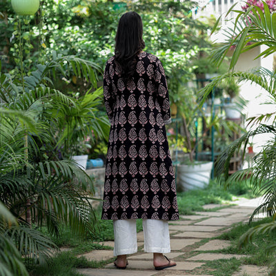 Black -  Block Print Cotton A-Line Bagh Kurta
